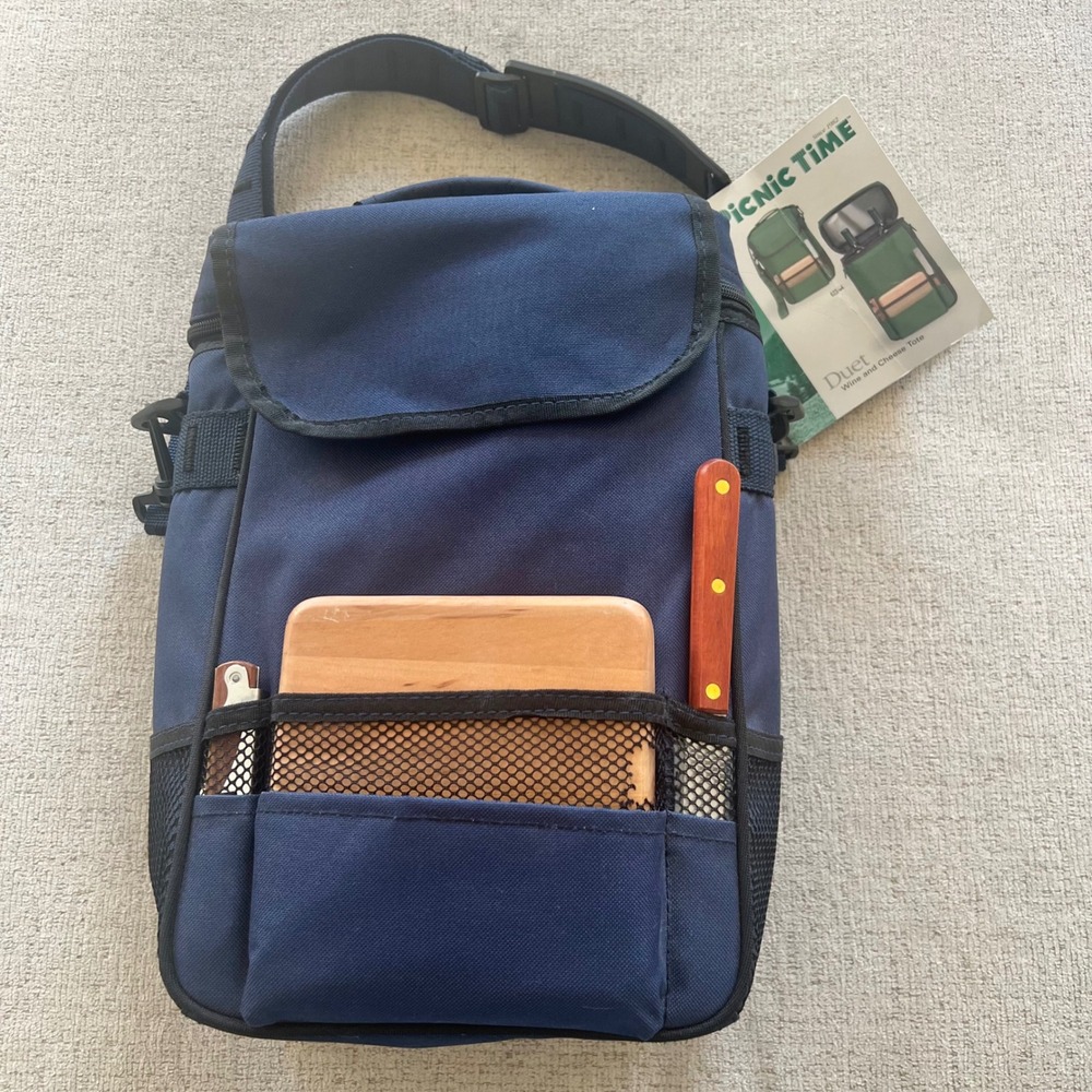 Picnic Time Duet Insulated Wine and Cheese Tote Navy Blue 2 Bottle Carrier Bag